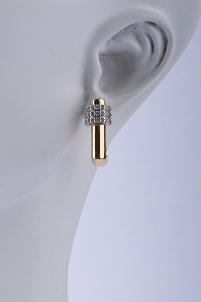 MÜK Kadın Gold Renk Çelik Zirkon Taşlı Dikdörtgen Küpe