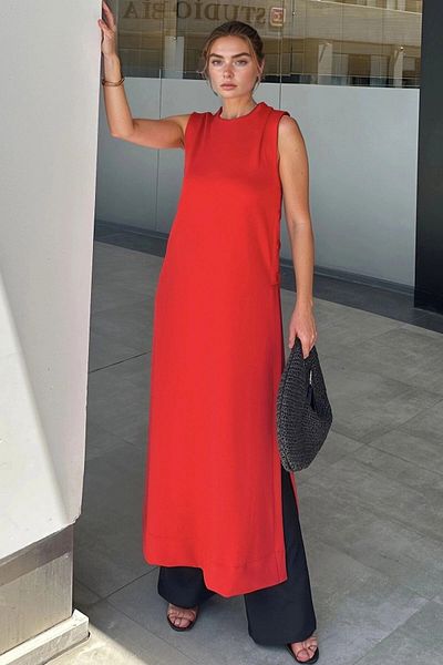 bacc Women's Red Scuba Long Tunic Dress with Side Buttons and Slits Bcbsk-25700-3561