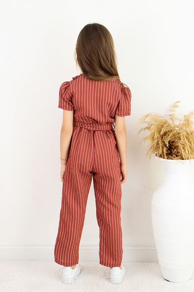 FESSHERA 💜   Girl's Double Breasted Collar Ruffle Detailed Striped Jumpsuit – Suitable for Casual and Special Occasion Wear 💜