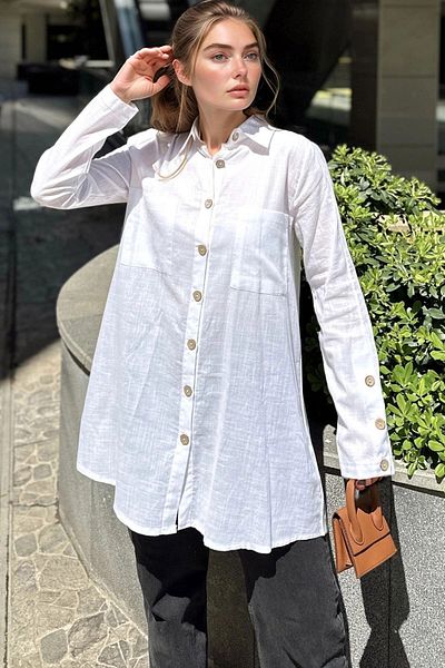bacc Women's White Button Detailed Oversize Long Sleeve Shirt Bcbsk-25700-3558