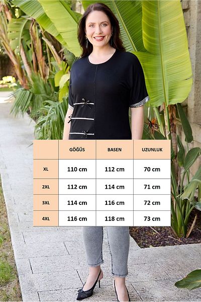 FOR ESRA BIG TREND Women's Large Size Foil Detail Ribbon Accessory Side Slit Short Sleeve Flexible Viscose Blouse
