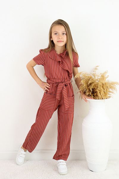 FESSHERA 💜   Girl's Double Breasted Collar Ruffle Detailed Striped Jumpsuit – Suitable for Casual and Special Occasion Wear 💜