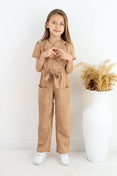 FESSHERA 💜   Girl's Double Breasted Collar Ruffle Detailed Striped Jumpsuit – Suitable for Casual and Special Occasion Wear 💜