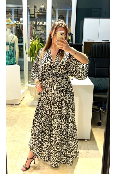 ŞEYMA KANDEMİR Leopar Desenli Belden Lastikli Hint İpeği Elbise