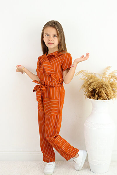FESSHERA 💜   Girl's Double Breasted Collar Ruffle Detailed Striped Jumpsuit – Suitable for Casual and Special Occasion Wear 💜
