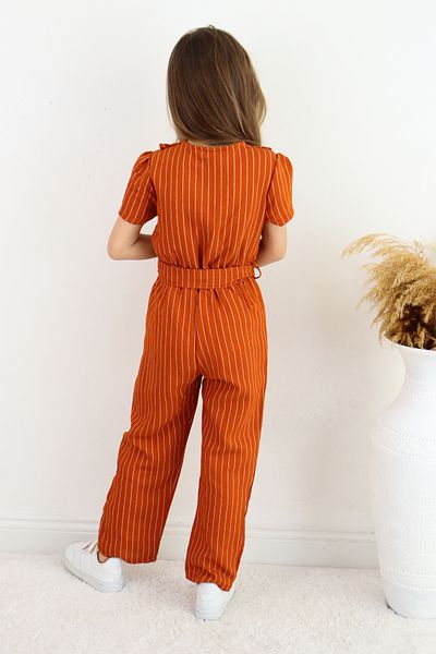 FESSHERA 💜   Girl's Double Breasted Collar Ruffle Detailed Striped Jumpsuit – Suitable for Casual and Special Occasion Wear 💜