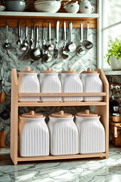 Woodcept 7-Piece Porcelain Tea, Sugar, Salt, Coffee and Spice Jar Storage Set with Wooden Stand