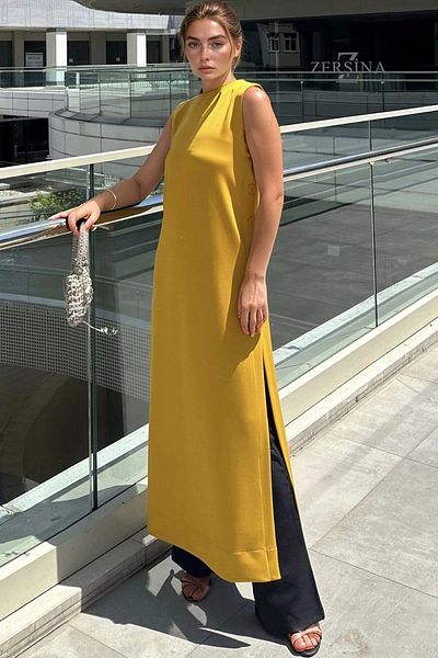bacc Women's Mustard Scuba Long Tunic Dress with Side Buttons and Slits Bcbsk-25700-3561