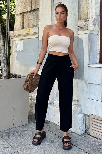 bacc Women's Black Special Textured Loose Trousers with Elastic Waist and Pockets Bcbsk-25700-3638
