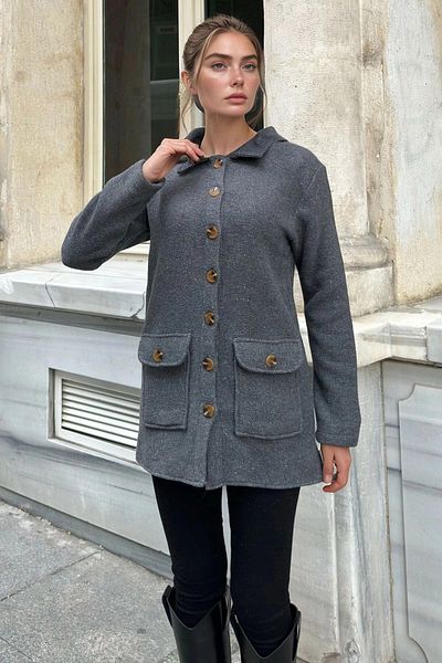 bacc Women's Gray Double Pocket Long Jacket Bcbsk-25700-3683