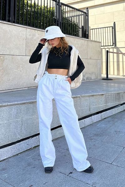 bacc Women's White Elastic Waist Wide Leg Pants Bcbsk-25700-Kt0075