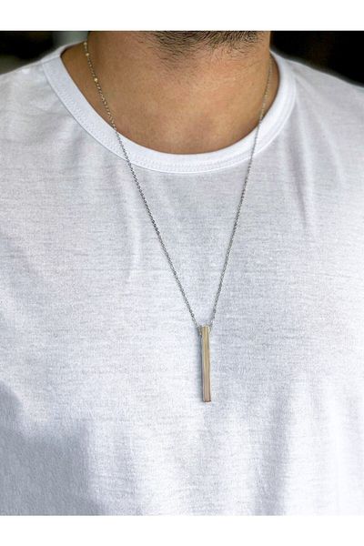 The Collection Necklace Men's Rectangular Silver Necklace 70cm