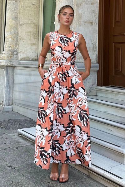 bacc Women's Salmon Sleeveless Pocketed Belted Kilos Long Dress Bcbsk-25700-3637