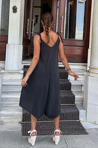bacc Women's Black Straps Asymmetrical Pockets Loose Cut Muslin Loose Jumpsuit Bcbsk-25700-3629