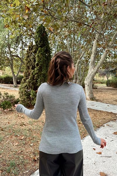 bacc Women's Gray Ribbed Knitwear Sweater with Windowed Chest Bcbsk-25700-K7522