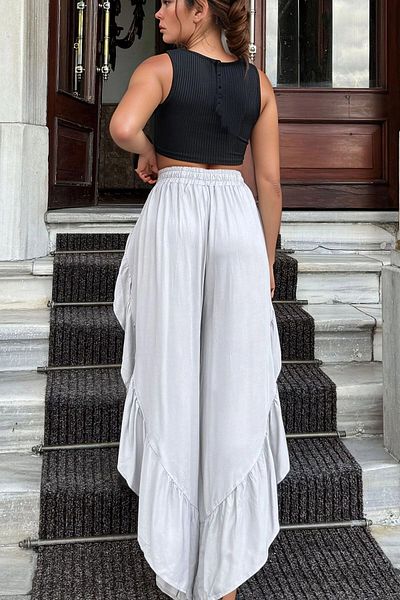 bacc Women's Gray Side Ruffled Slit Elastic Waist Belmando Loose Baggy Trousers Bcbsk-25700-3635