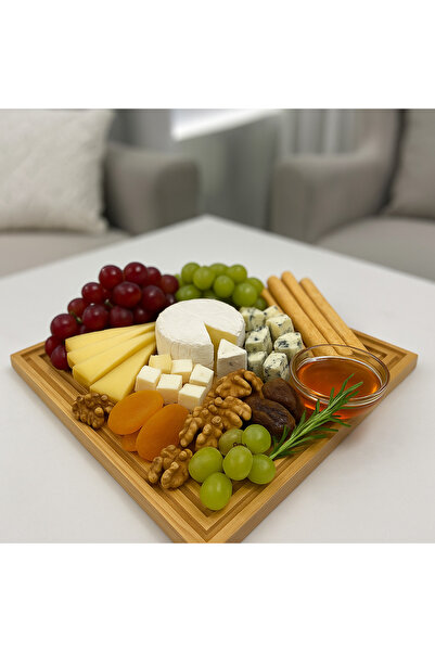 wellhome Decorative Bamboo Wooden Presentation Rack | Square Stylish Serving Board – Natural Wood / Modern Decorative Serving