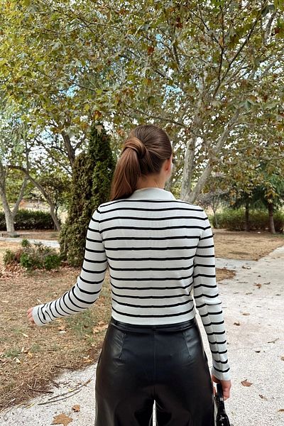 bacc Women's Ecru Polo V-Neck Striped Knitwear Sweater Bcbsk-25700-K7521