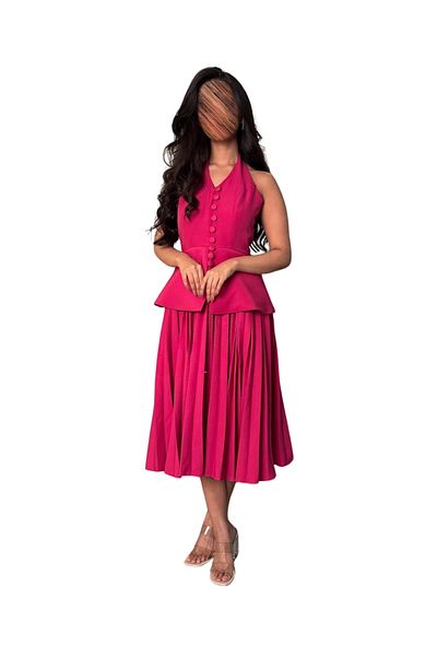 barlina Fuchsia pleated sleeveless blazer dress