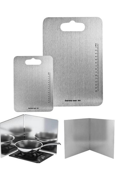 Kyrotech Oil Splash-Free Foldable Protection + 2-Piece Stainless Steel Antibacterial Cutting Board Set with Ruler