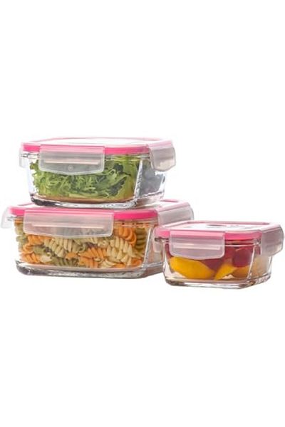 LAV Feyzade Fresco Locked Glass Storage Container Set Pink Lid 4 Pieces (1150Cc-720Cc-400Cc-375Cc)