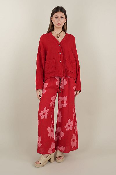 Ranasubaşı Large Floral Patterned Linen Trousers Red