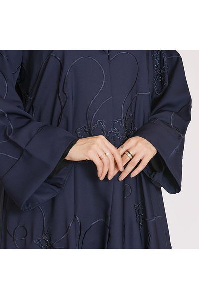 HAWRAA Dark blue abaya with wide sleeves and ornate embroidery