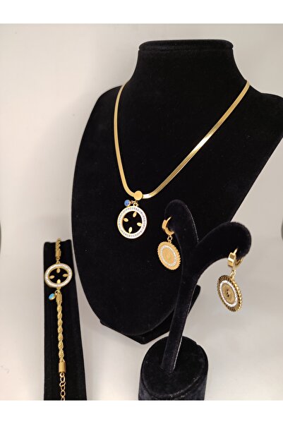 Romea Çelik Altın Temalı Kolye & Bileklik & Küpe Takı Seti, Hediyelik Çelik Set