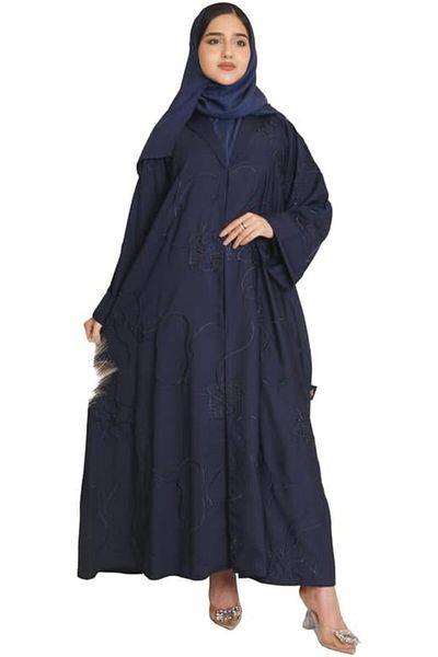 HAWRAA Dark blue abaya with wide sleeves and ornate embroidery