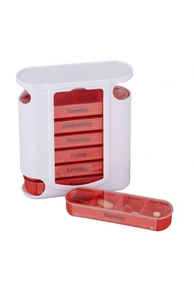 Relaxdays Pill box, Relaxdays weekly medication organizer, 4 compartments, white/red 13 x 11.5 x 4.5 cm