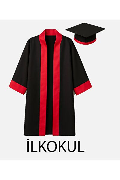 nacar çarşı Unisex Çocuk İlkokul Mezuniyet Kep Cübbesi Kırmızı Bordo Şeritli