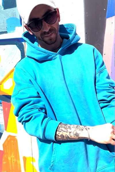 KonforA Unisex Oversize Blue Hooded 3 Thread Raster Sweatshirt Hoodie