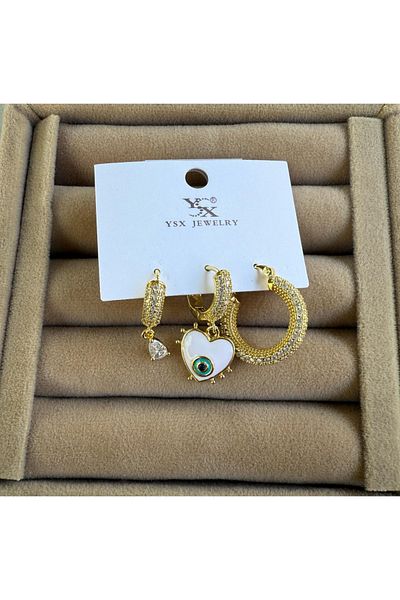AychaAksesuar Steel Vip Series Tamtur Zircon Stone Thick Ring Earrings with White Heart Evil Eye Beads 3-Piece Earring Set