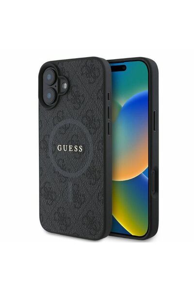 REDz Accessories Carcasă Guess pentru iPhone 16, model, logo clasic cu inel din PU 4G, compatibilă cu Magsafe, neagră