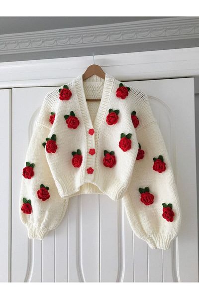 El örgüsü Rose Detailed Hand Knitted Women's Cardigan, Floral Cardigan, Trend Cardigan
