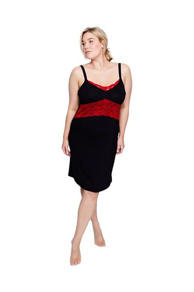 MAMAYAGA Women's V-Neck Lace Detail Strap Stylish Long Plus Size Curve Viscose Nightdress Dress