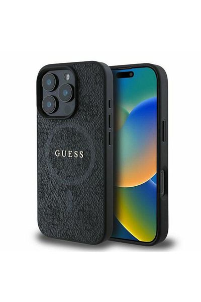 REDz Accessories Carcasă Guess pentru iPhone 16 Pro, model, logo clasic din PU 4G Ring, compatibilă cu Magsafe, neagră