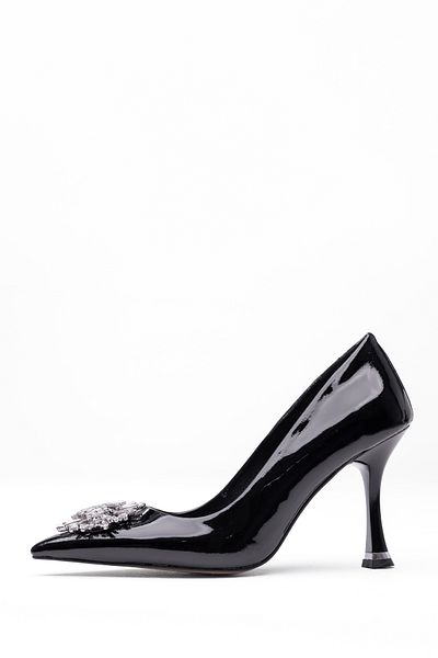Tasarım Design special, piele lacuita neagra stralucitoare, eleganta, cu toc subtire, rochie de seara cu varf ascutit, pantofi stiletto