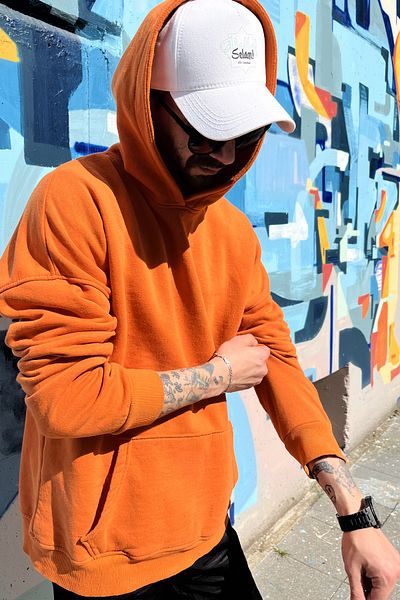 KonforA Unisex Orange 3 Thread Raster Sweatshirt Hoodie with Stack on It