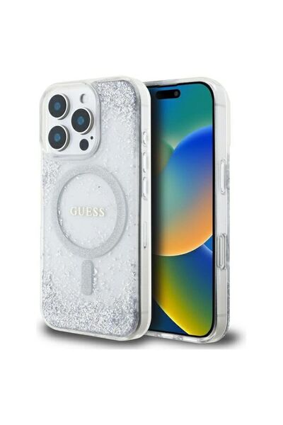 REDz Accessories Carcasă Guess pentru iPhone 16 Pro, compatibilă cu Magsafe, sclipici cu gradient de rășină, GUHMP16LRGRGES, argintie