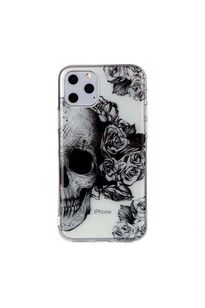 REDz Accessories Carcasă din silicon compatibilă cu iPhone 11 Pro, model Skull Roses, rezistentă la șocuri, TPU transparentă/neagră