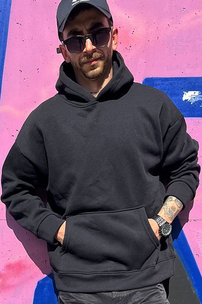 KonforA Unisex Oversize Black Hooded 3 Thread Raster Sweatshirt Hoodie