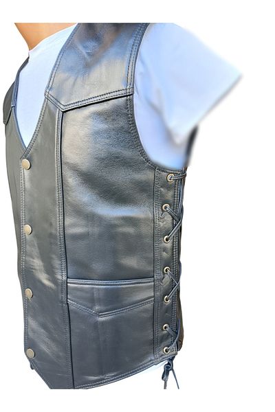 Savran Deri Genuine Leather Stringed Black Biker Vest