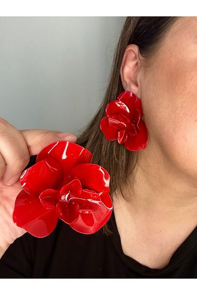 ALS Tasarım Dünyası Women Zr Brand Model Red Color Flower Earrings Width:7 Length:7 cm Stylish Earrings