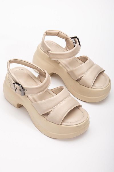 Dilimler Ayakkabı Γυναικεία πέδιλα Wedge Heel Beige 2 Thick Strap δέρμα