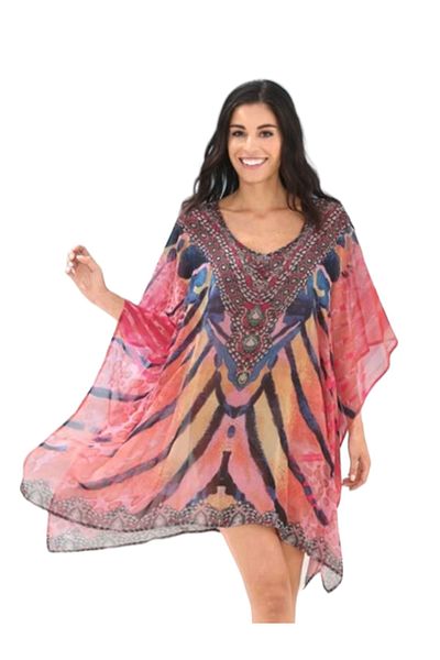 MAMAYAGA Women's Patterned Colorful Stone Bat Sleeve Asymmetrical Slit Large Size Comfortable Chiffon Summer Curve Pareo