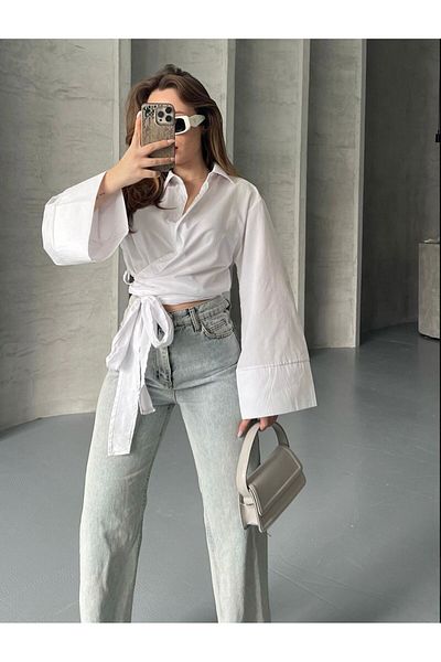 disponible Side Tie Long Sleeve Crop White Women's Shirt