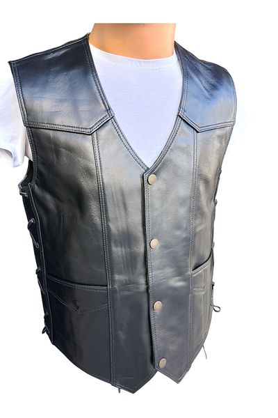 Savran Deri Genuine Leather Stringed Black Biker Vest