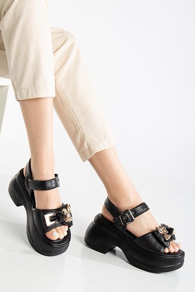 Dilimler Ayakkabı Women's Wedge Heel Sandals Black Hard Hat Rabbit Figured Buckle