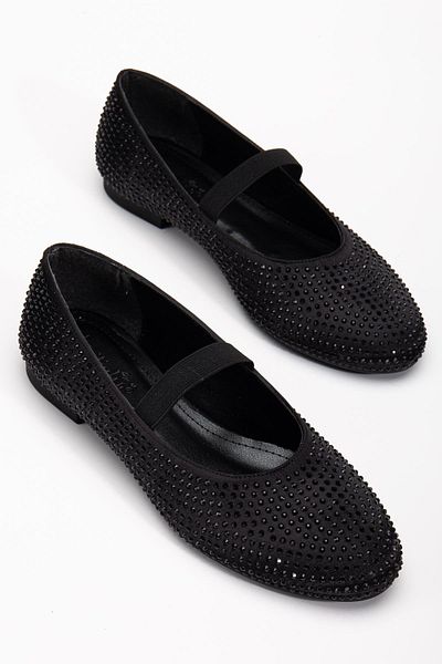 Dilimler Ayakkabı Women's Ballerinas Black Satin Stone Elastic Band Round Toe
